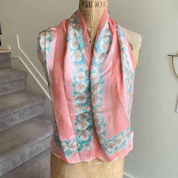 Vera Neumann Accessories - Vintage Vera Neumann Silk Pink Pastel Floral Polkadot Neckscarf - 10.5" x 31"